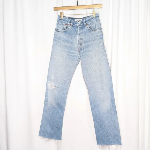 Re/Done Levi's High Rise Stove Pipe Jeans Denim Indigo Cotton Raw Hem - Picture 1 of 12